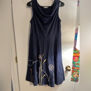 Navy eShakti jersey knit dress with embroidered birds and flowers, size XL (18)